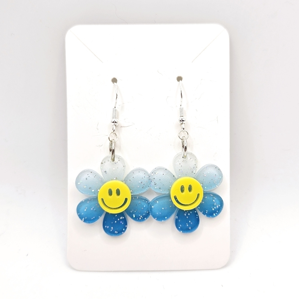Daisy Smiley Face Blue Earrings French Hooks New